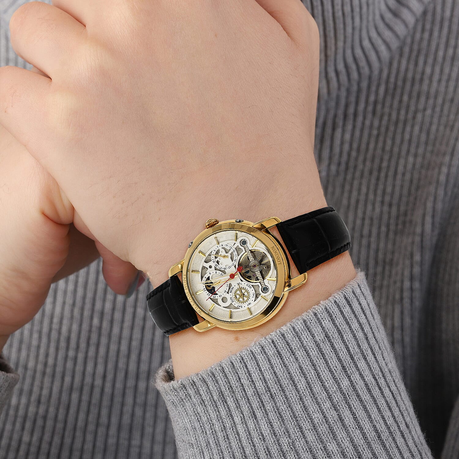 LIMITED EDITION William Hunt London Automatic Movement 5 ATM WR Moon Phase Watch With Black Leather Strap