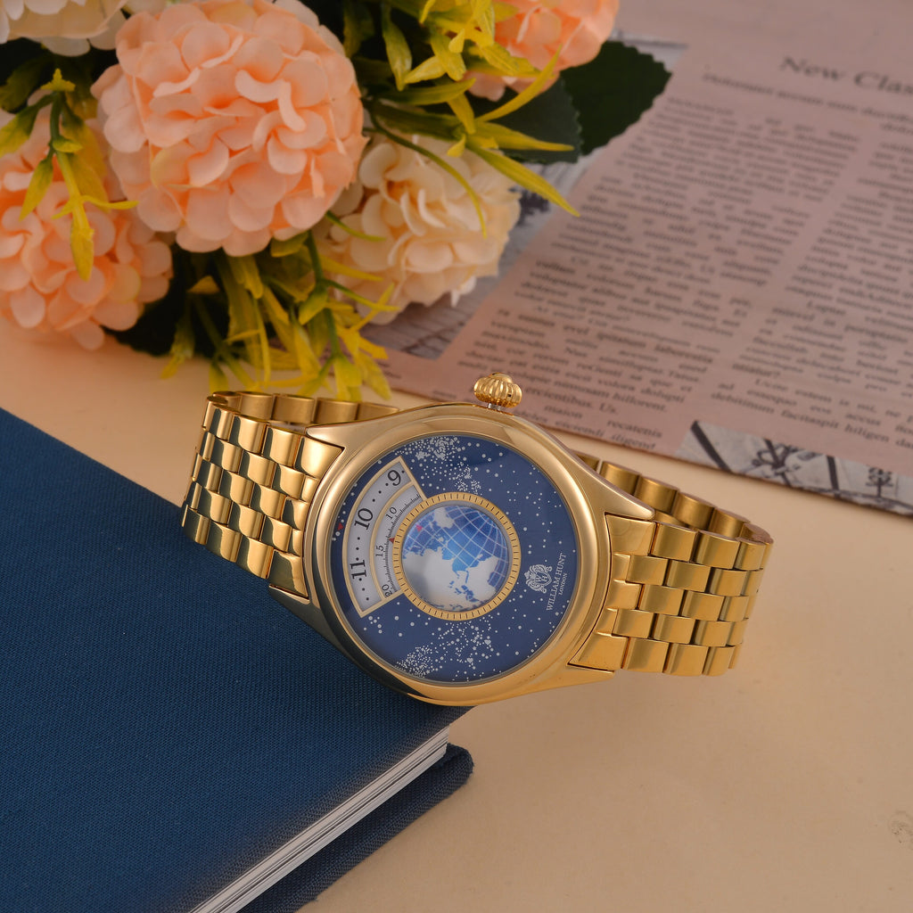 William Hunt Limited Edition Constellation Automatic Watch With Rotating Globe Presented in a Gift Box - Gold