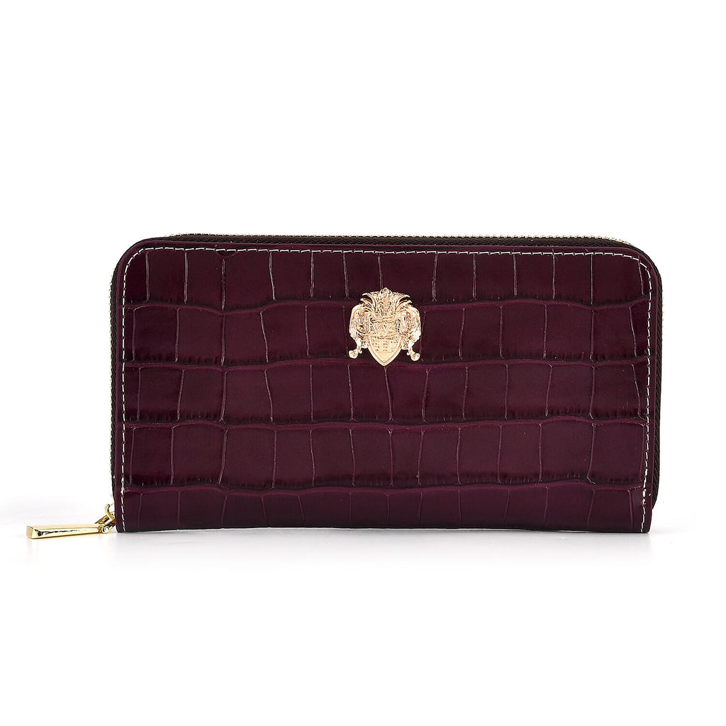 WILLIAM HUNT RFID Croc Embossed 100% Genuine Leather Wallet - Plum