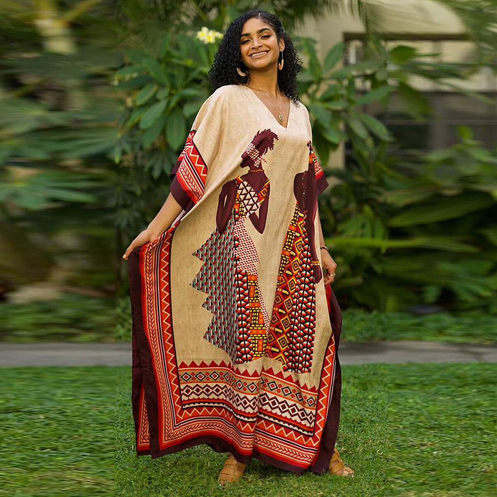 Winlar Afrocentric Figure Print Long V-Neck Red and Beige Kaftan (One Size)