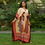 Winlar Afrocentric Figure Print Long V-Neck Red and Beige Kaftan (One Size)