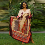 Winlar Afrocentric Figure Print Long V-Neck Red and Beige Kaftan (One Size)