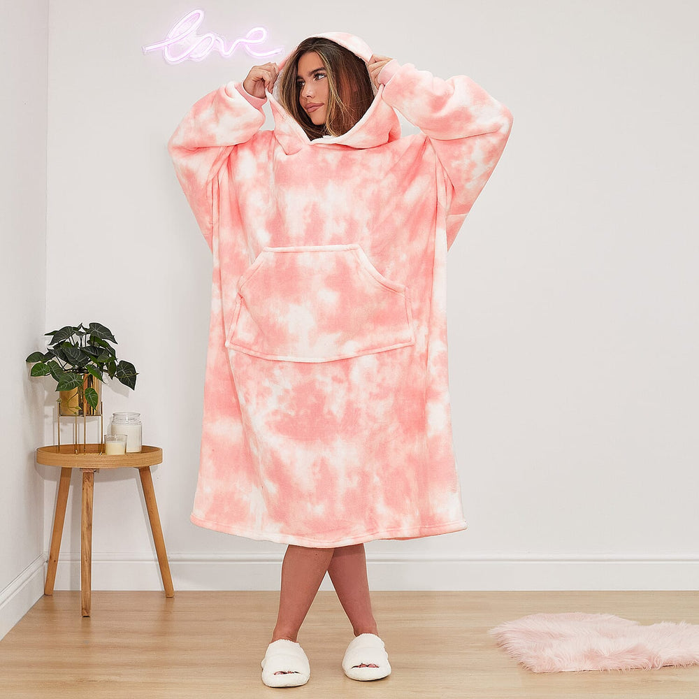 Brand New -Extra Long Tie Die Hoodie blanket (One Size) - Blush