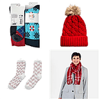 Winter Essentials Bundle - Supersoft Feel Checkered Scarf, Red Cozy Pom Pom Beanie Hat with Tan Fur, 2 Pack Wave Print Fuzzy Socks and 3 Pack Happy Socks