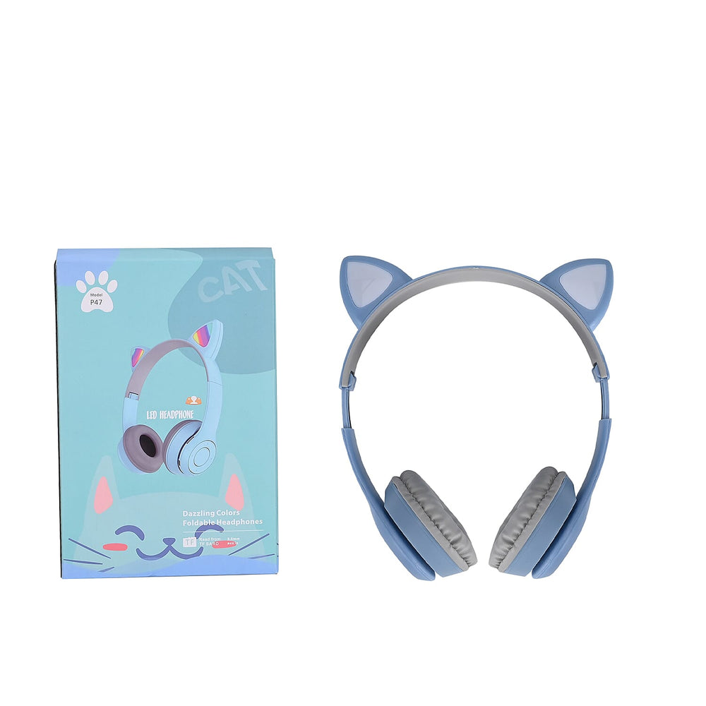 Bluetooth Wireless Cat Ears Headphone with Light - Blue - 3hr Charge