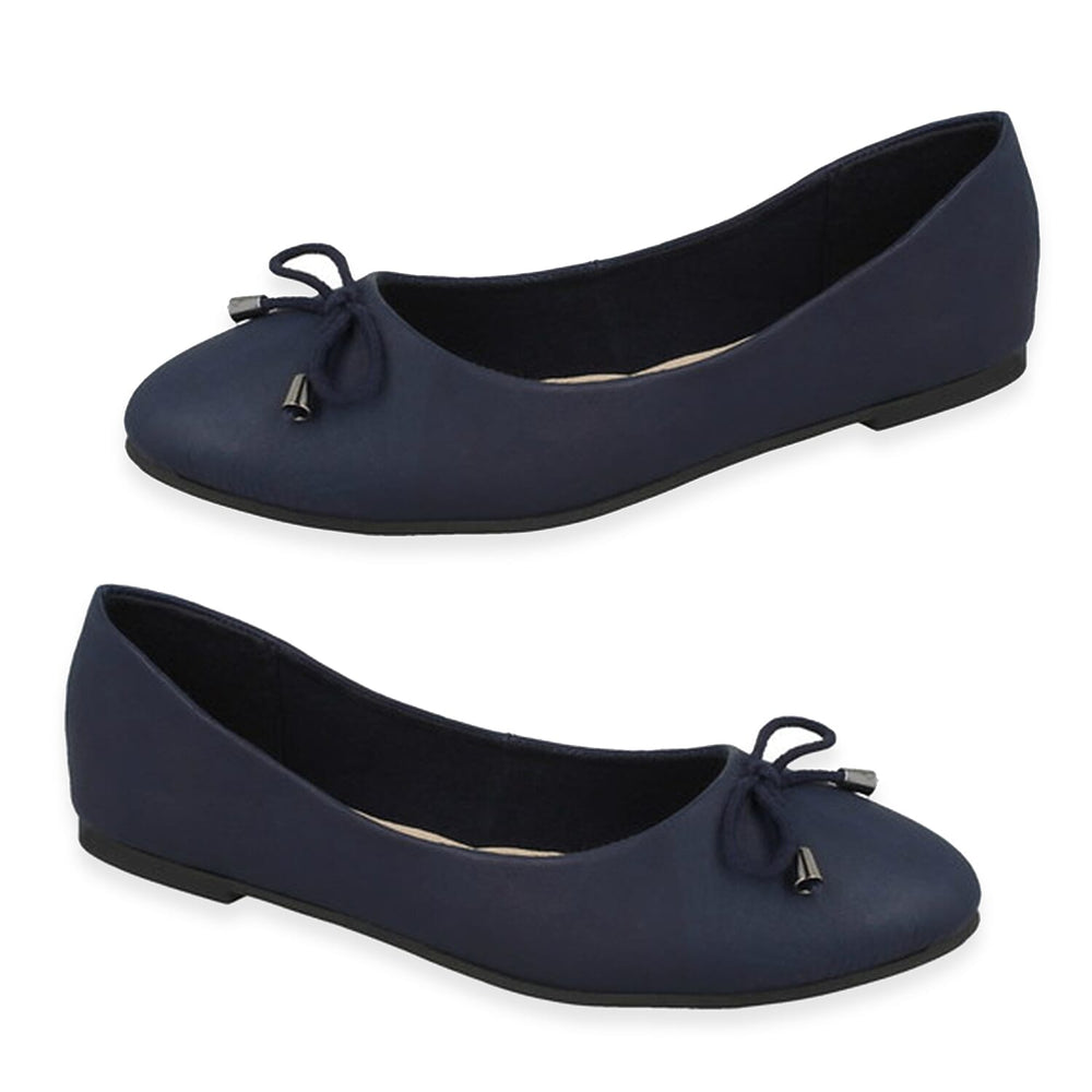 Spot On Ladies Leather Collection Bow Trim Ballerina Shoes (Size 3) - Navy