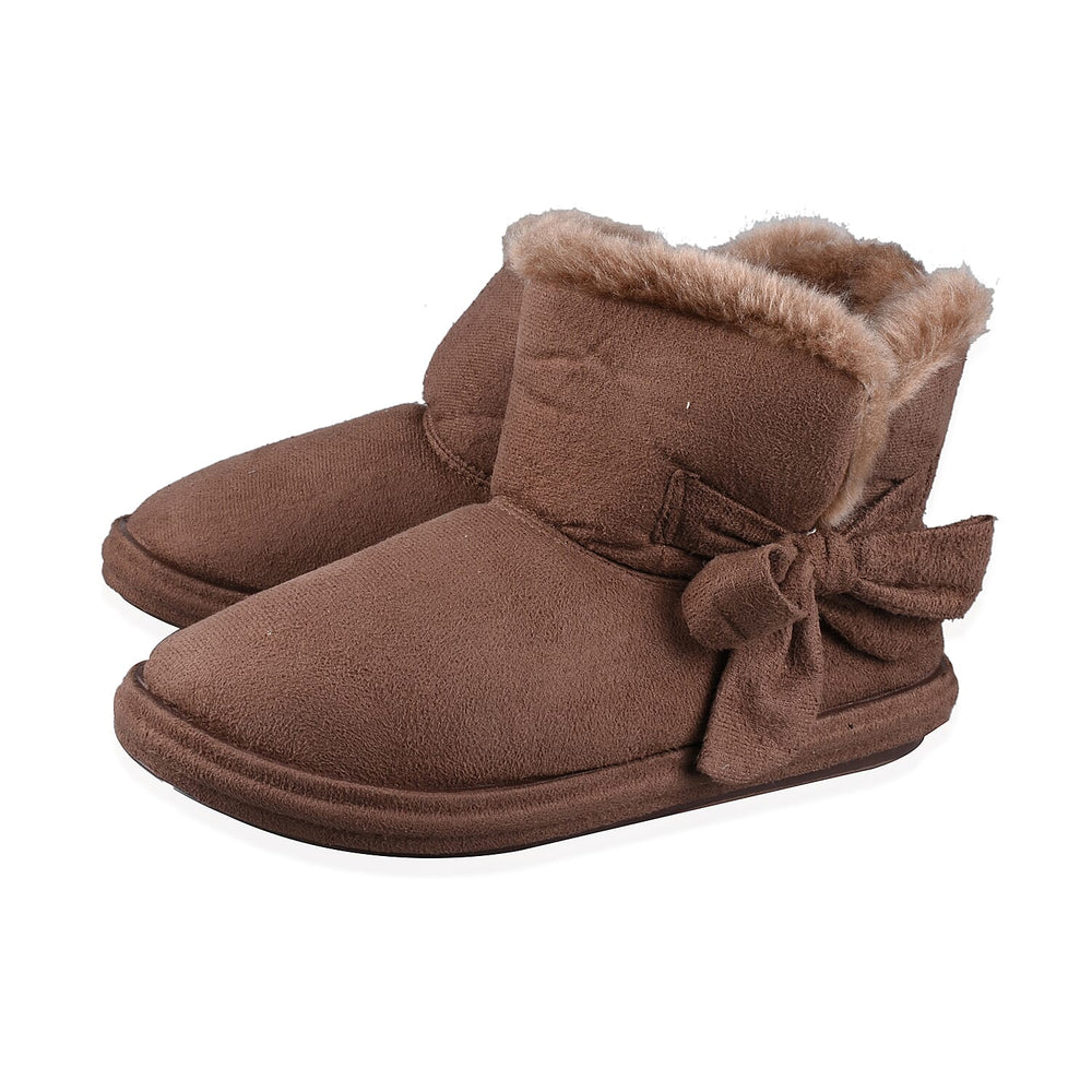 Womens Comfy Winter Bootie Slippers with Bow - Dark Brown (Size 3)