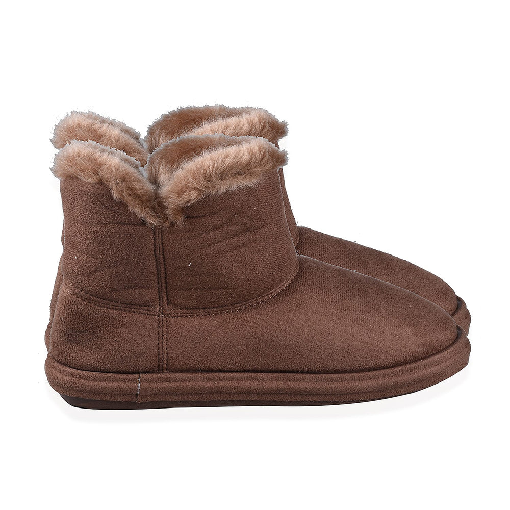 Womens Comfy Winter Bootie Slippers with Bow - Dark Brown (Size 3)