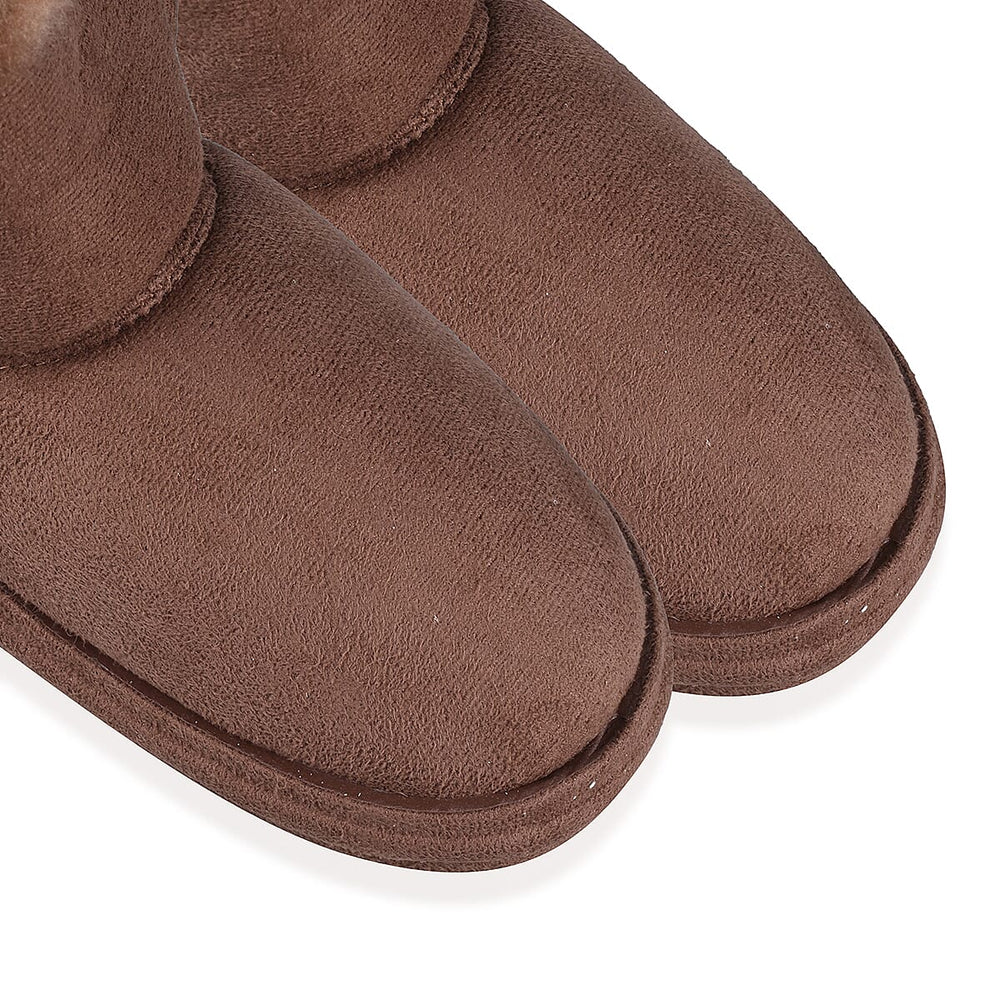 Womens Comfy Winter Bootie Slippers with Bow - Dark Brown (Size 3)