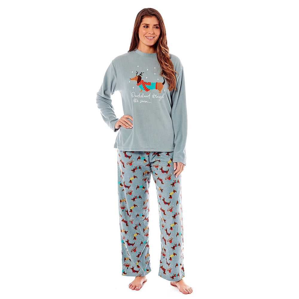 Womens Dachshund Micro Fleece Pyjamas with Applique Top - Printed Trouser (Size 8-10) - Blue