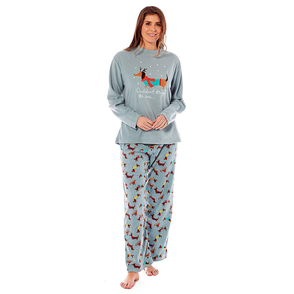 Womens Dachshund Micro Fleece Pyjamas with Applique Top - Printed Trouser (Size 8-10) - Blue