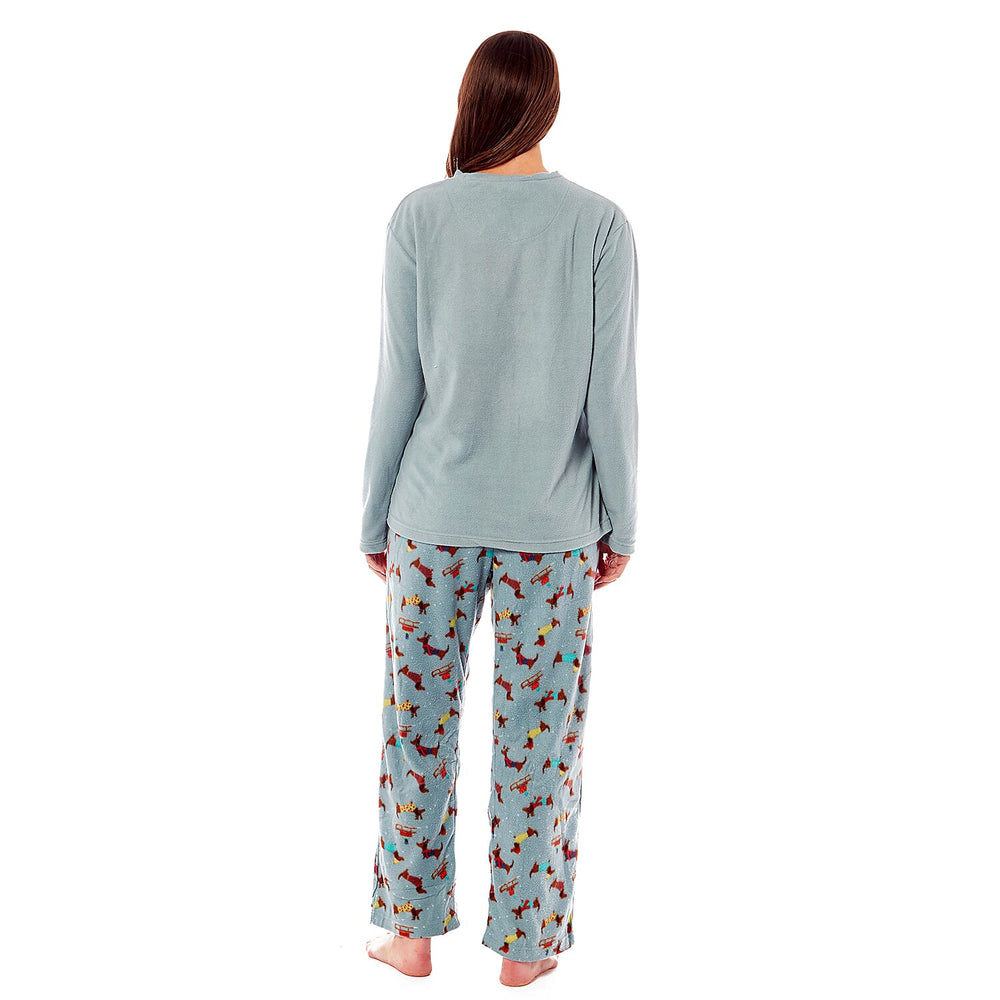 Womens Dachshund Micro Fleece Pyjamas with Applique Top - Printed Trouser (Size 8-10) - Blue