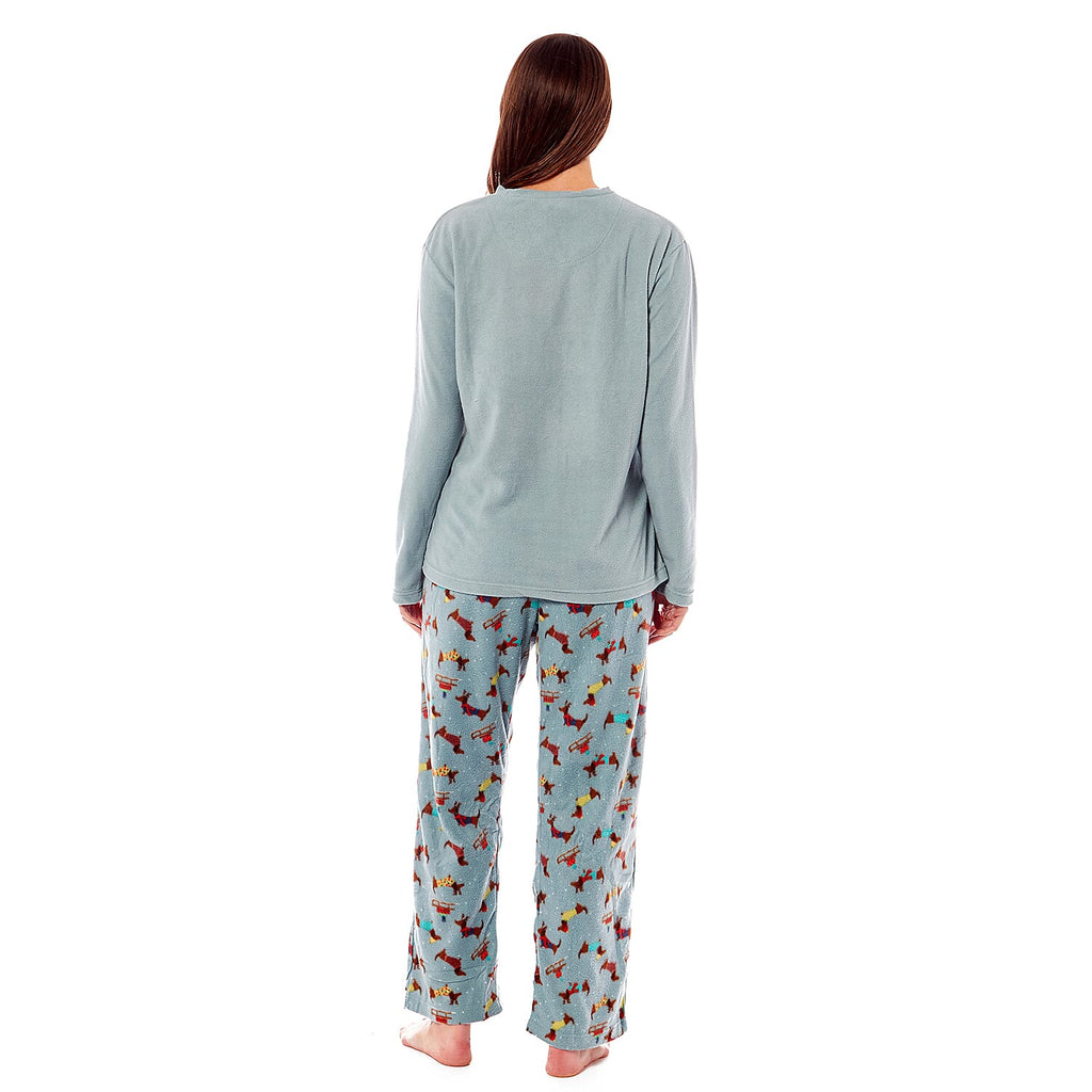 Womens Dachshund Micro Fleece Pyjamas with Applique Top - Printed Trouser (Size 8-10) - Blue