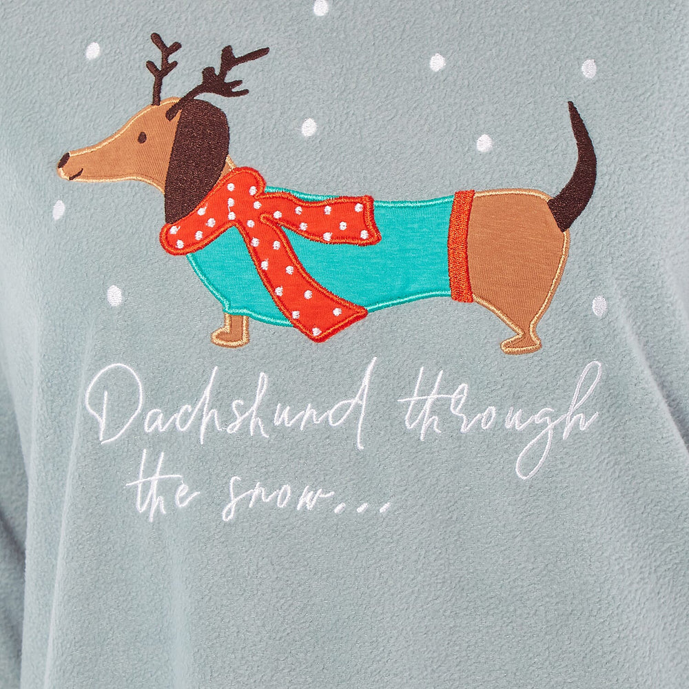 Womens Dachshund Micro Fleece Pyjamas with Applique Top - Printed Trouser (Size 8-10) - Blue