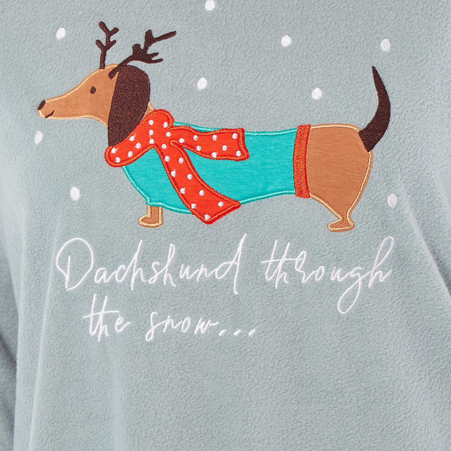 Womens Dachshund Micro Fleece Pyjamas with Applique Top - Printed Trouser (Size 8-10) - Blue