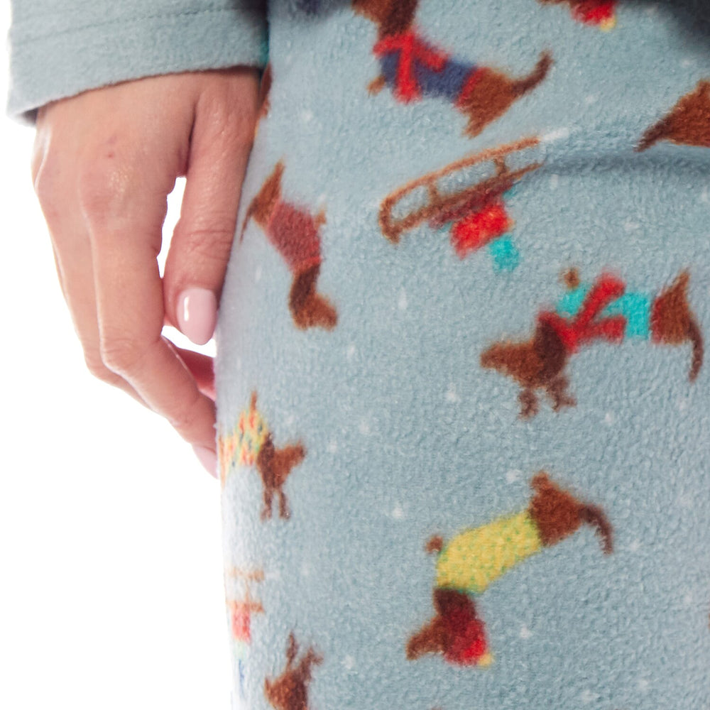 Womens Dachshund Micro Fleece Pyjamas with Applique Top - Printed Trouser (Size 8-10) - Blue