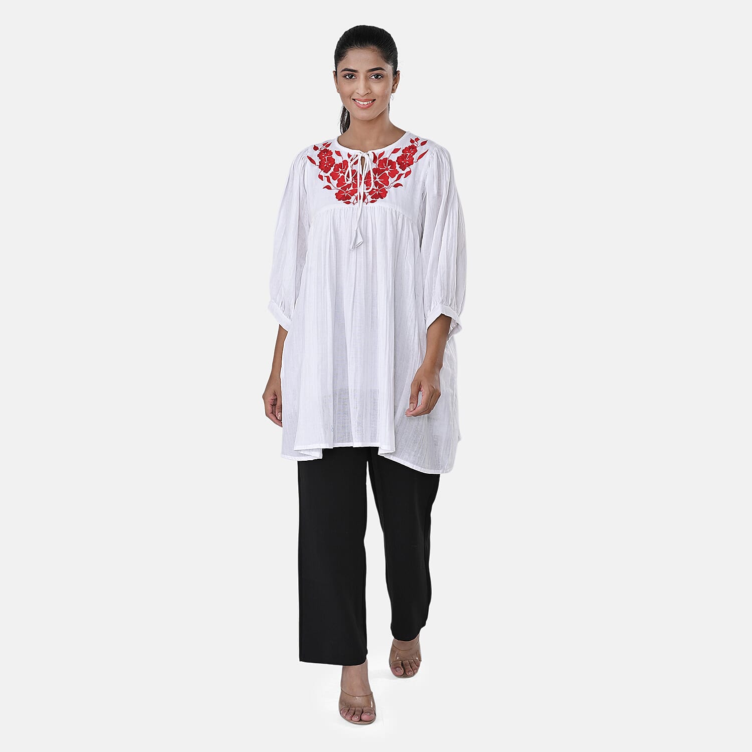 Womens Embroidered Cotton Double Gauze Relaxed Fit Tunic Top (Size XXL) - White