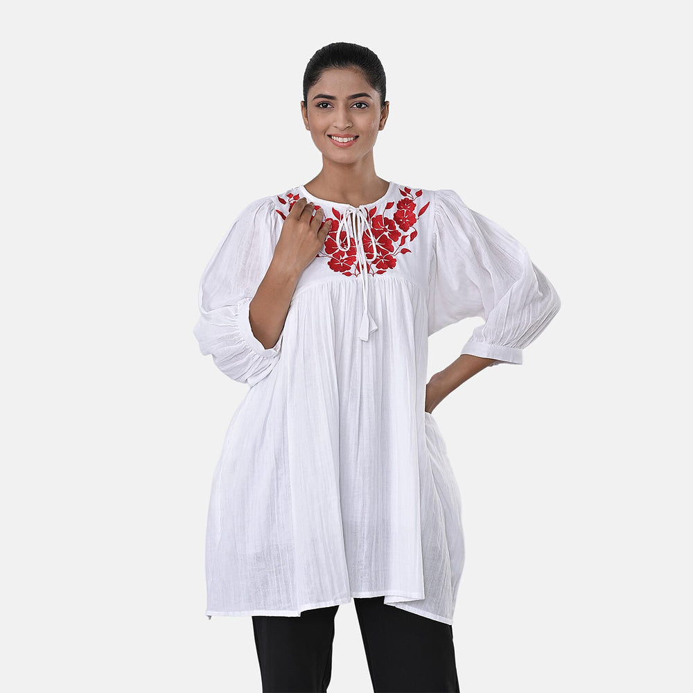 Womens Embroidered Cotton Double Gauze Relaxed Fit Tunic Top (Size XXL) - White