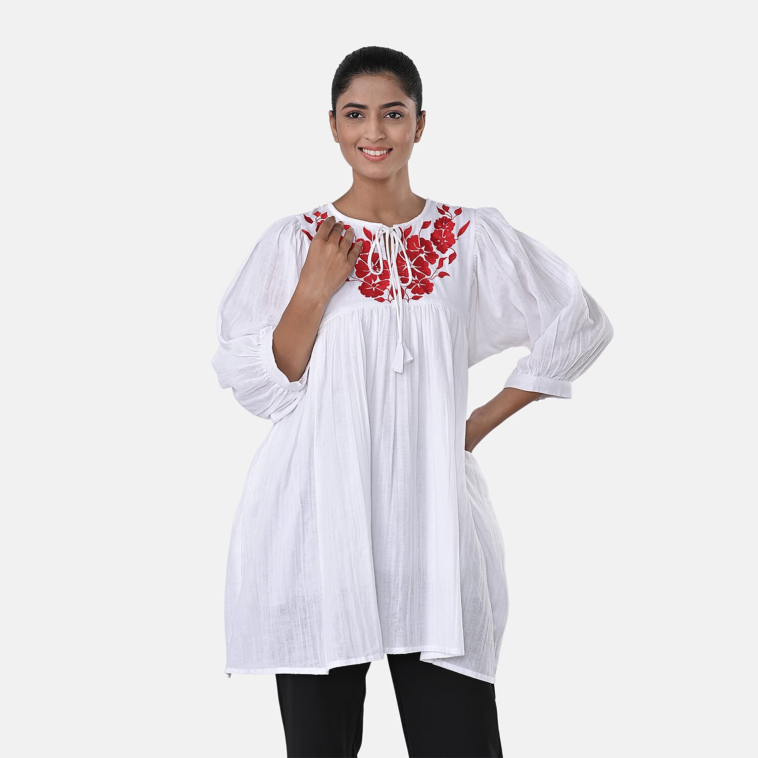 Womens Embroidered Cotton Double Gauze Relaxed Fit Tunic Top (Size XXL) - White
