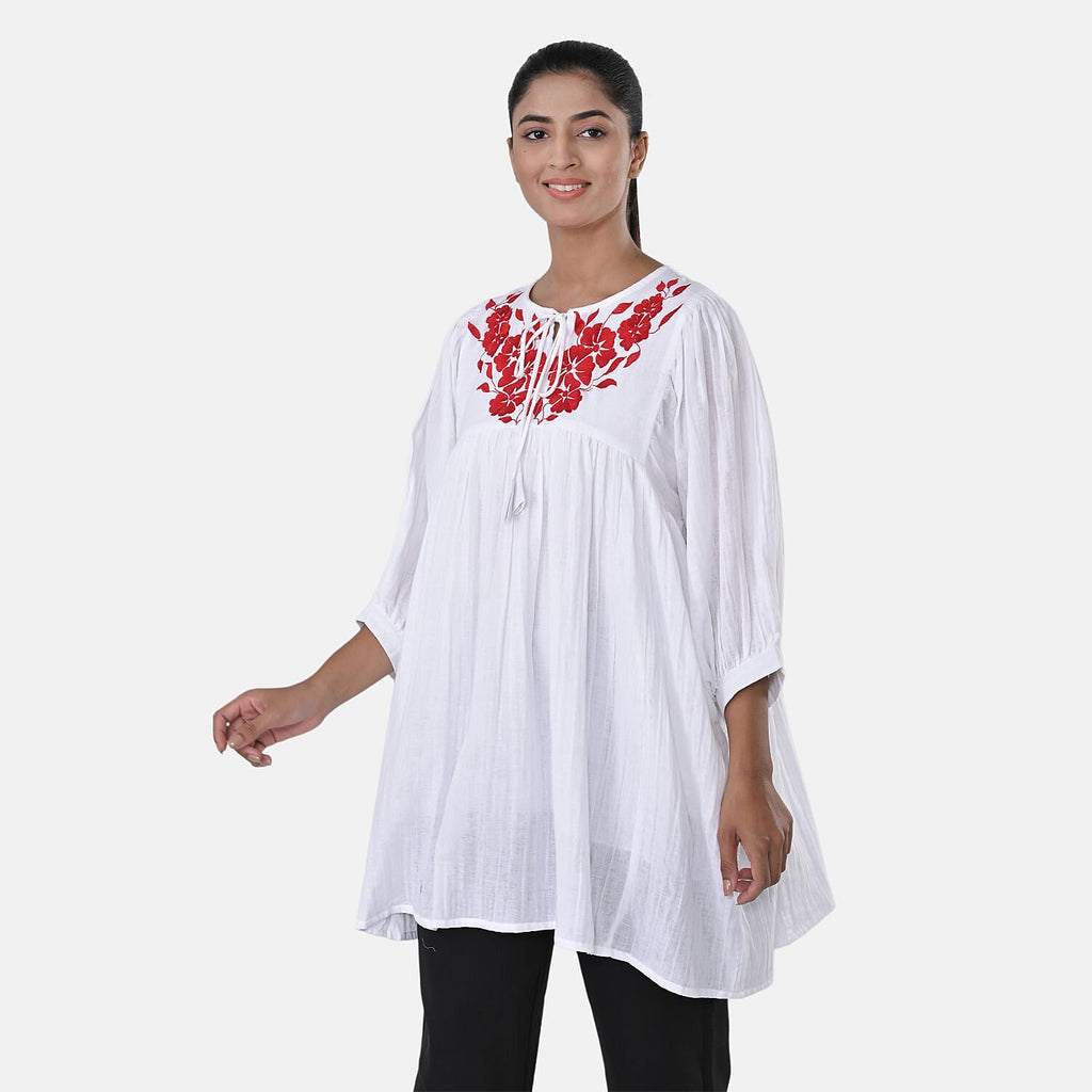 Womens Embroidered Cotton Double Gauze Relaxed Fit Tunic Top (Size XXL) - White