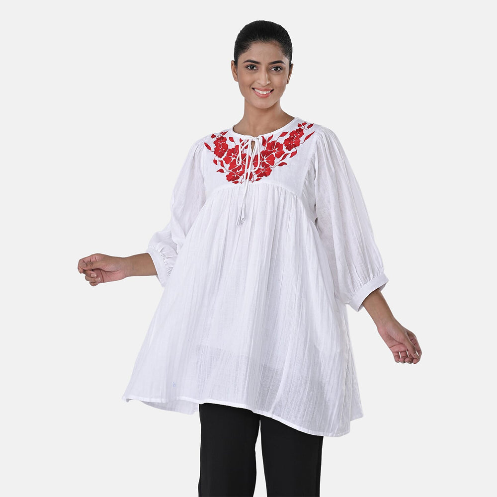 Womens Embroidered Cotton Double Gauze Relaxed Fit Tunic Top (Size XXL) - White
