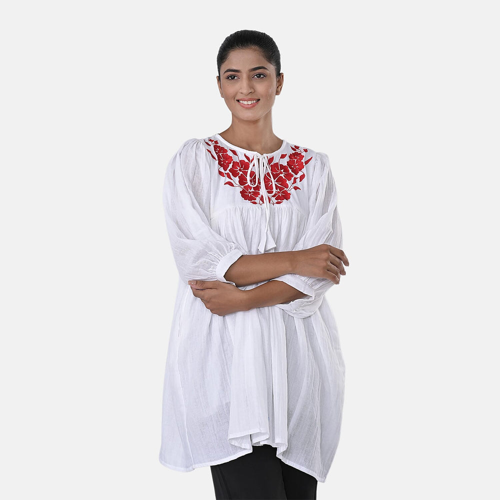 Womens Embroidered Cotton Double Gauze Relaxed Fit Tunic Top (Size XXL) - White