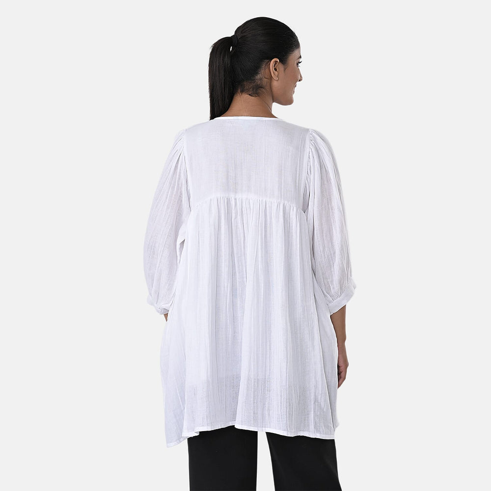 Womens Embroidered Cotton Double Gauze Relaxed Fit Tunic Top (Size XXL) - White