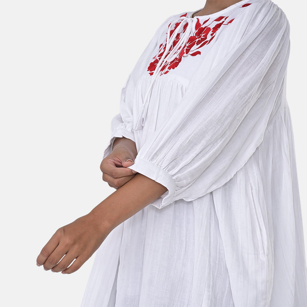 Womens Embroidered Cotton Double Gauze Relaxed Fit Tunic Top (Size XXL) - White