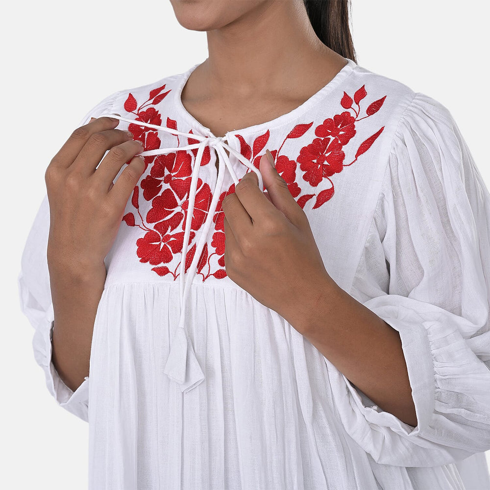 Womens Embroidered Cotton Double Gauze Relaxed Fit Tunic Top (Size XXL) - White