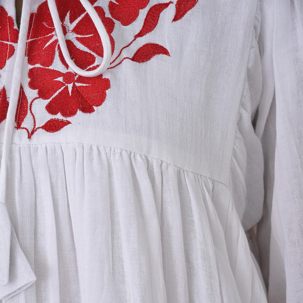 Womens Embroidered Cotton Double Gauze Relaxed Fit Tunic Top (Size XXL) - White