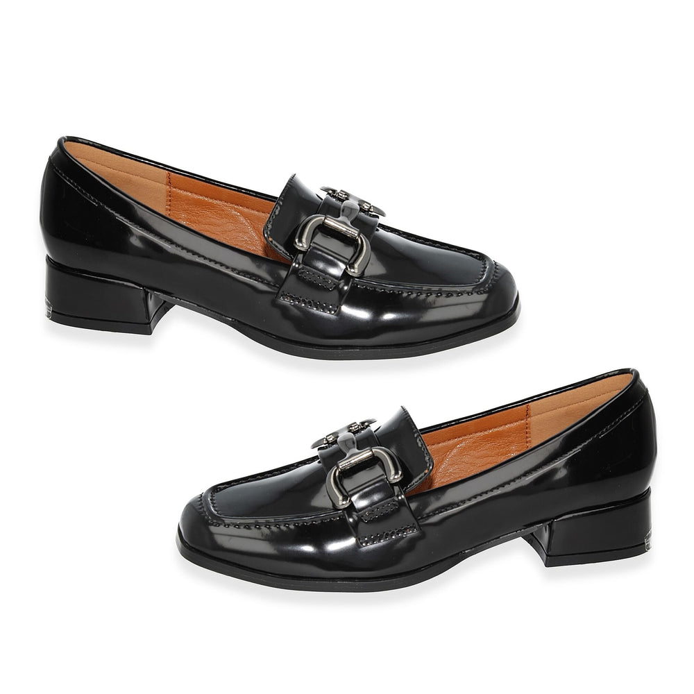 Spot on Ladies Low Block Heel Loafer with Metallic Buckle (Size 7) - Black