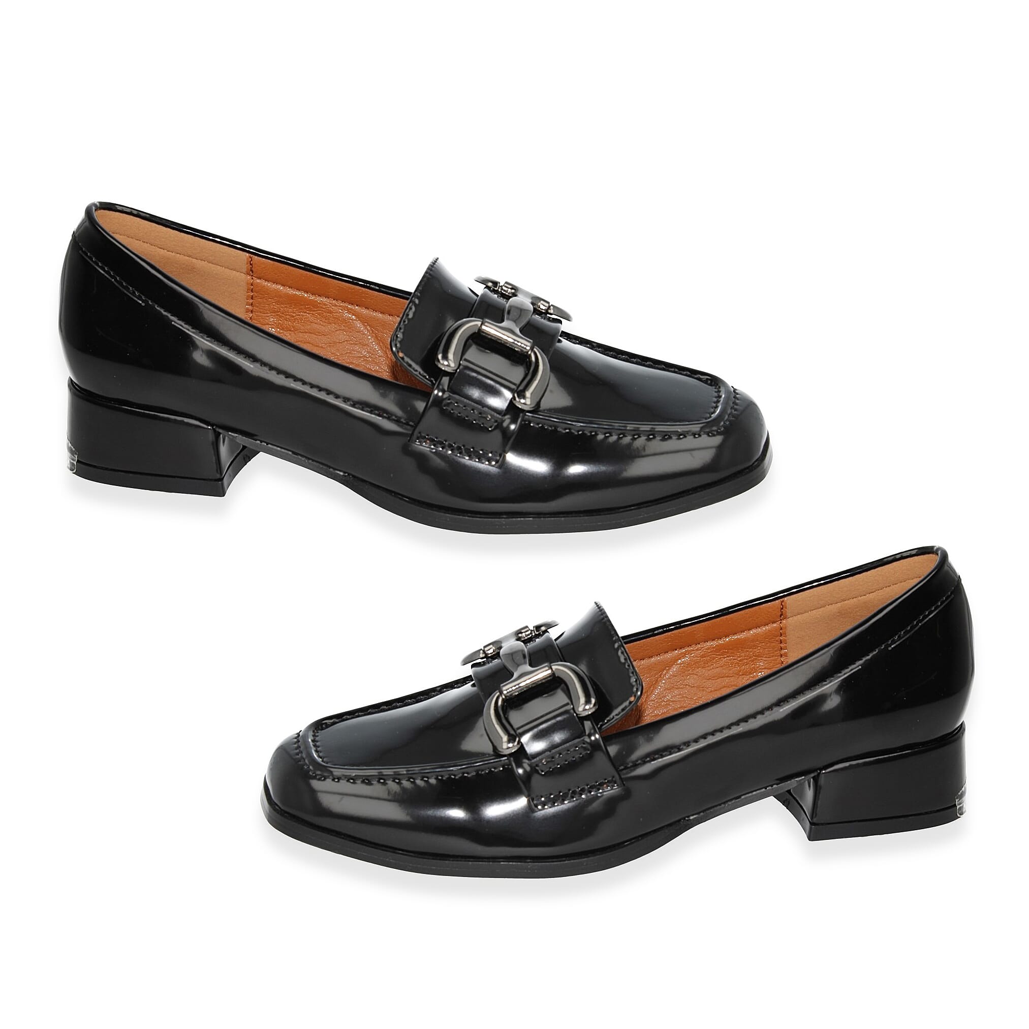 Spot on Ladies Low Block Heel Loafer with Metallic Buckle (Size 8) - Black