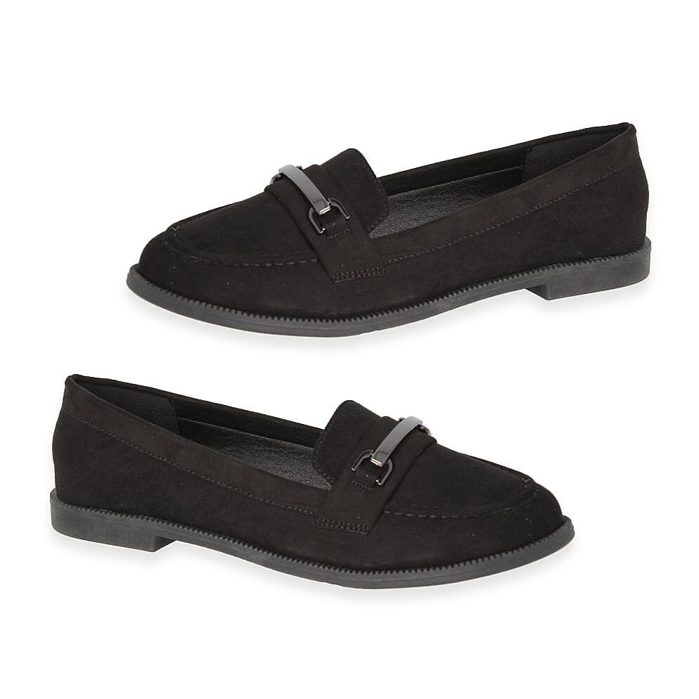 Spot On Ladies Microsuede Slip-On Loafers With Tonal Metallic Strap (Size 4) - Black