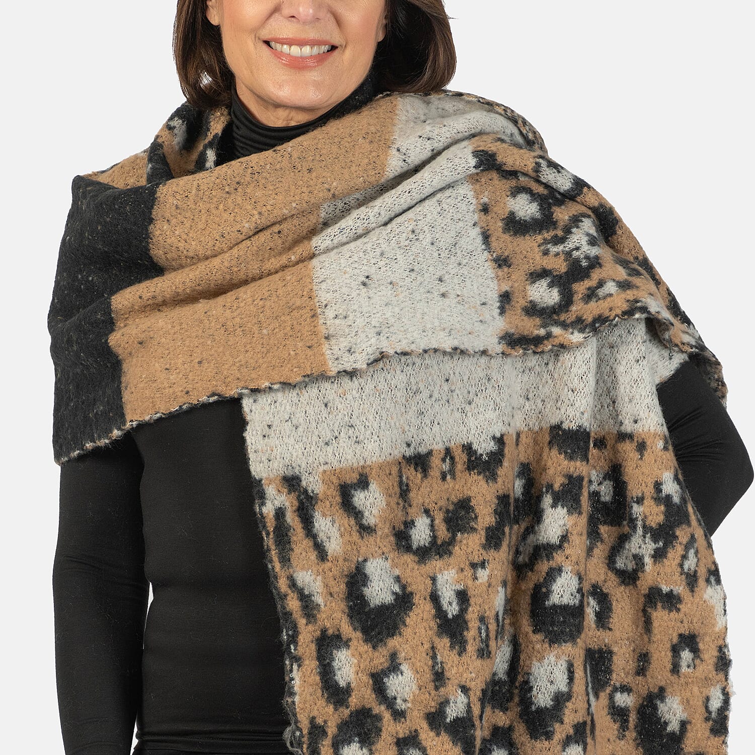 Wool Blend Leopard Print Stripe Knitted Scarf - Beige