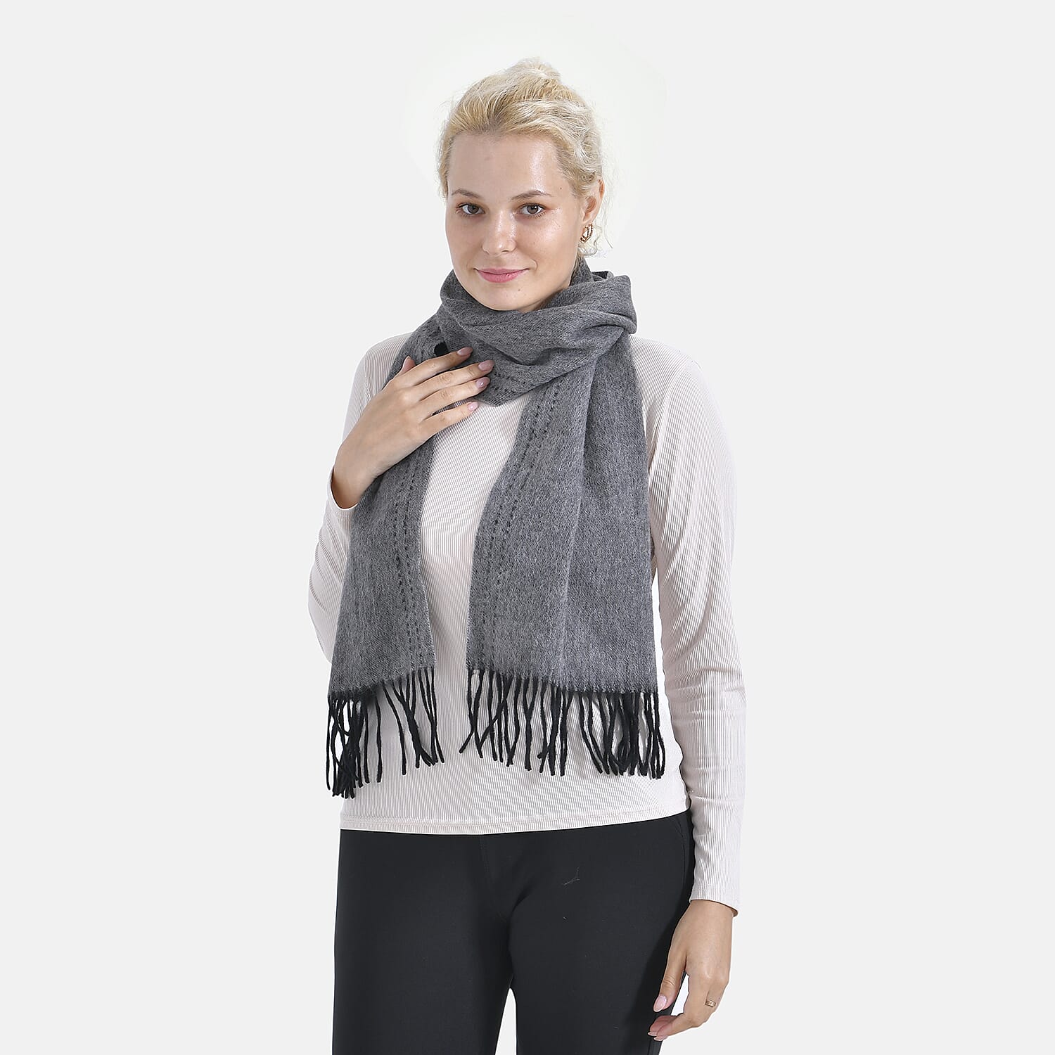 100% Wool Tassel Scarf (Size 160x30 cm) - Dark Grey