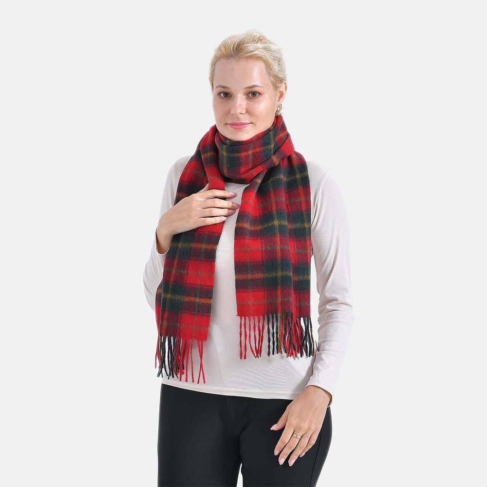 100% Wool Plaid Pattern Tassel Scarf (Size 160x30 cm) - Red