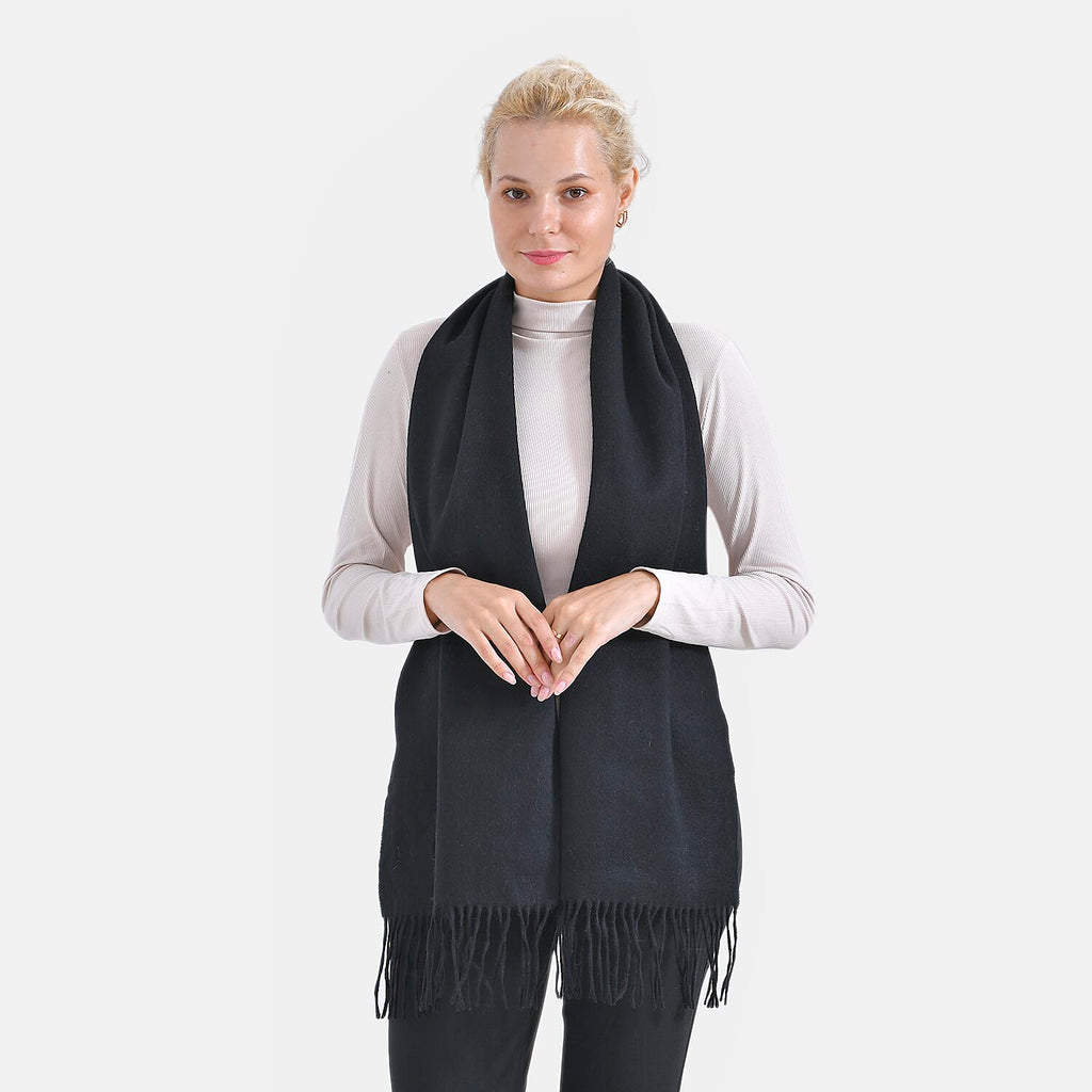 100% Wool Solid Warm Scarf (Size 160x30 cm) - Black