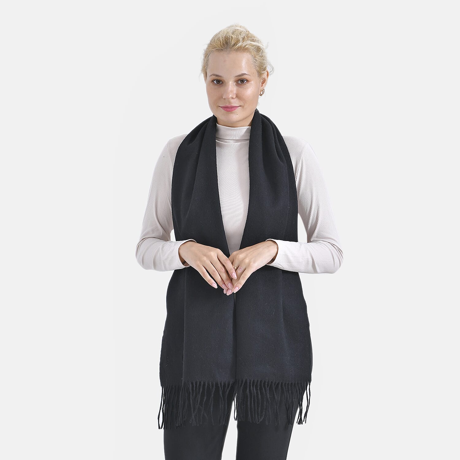 100% Wool Solid Warm Scarf (Size 160x30 cm) - Black