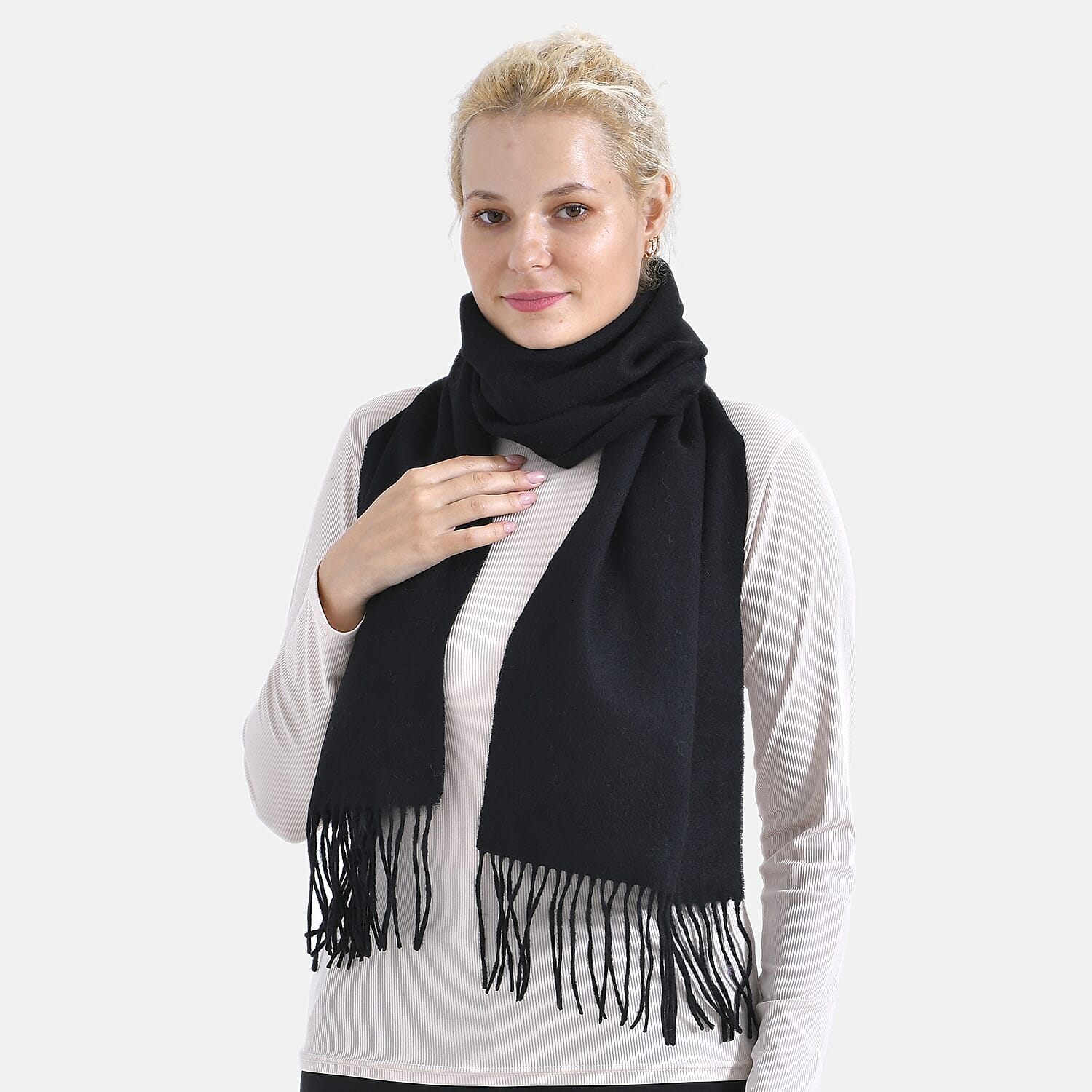 100% Wool Solid Warm Scarf (Size 160x30 cm) - Black