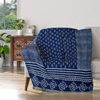 Luxury Edition - 100% Cotton Woven Hand Block Printed Throw with Tassels (Size 180x130 cm) - Blue and White