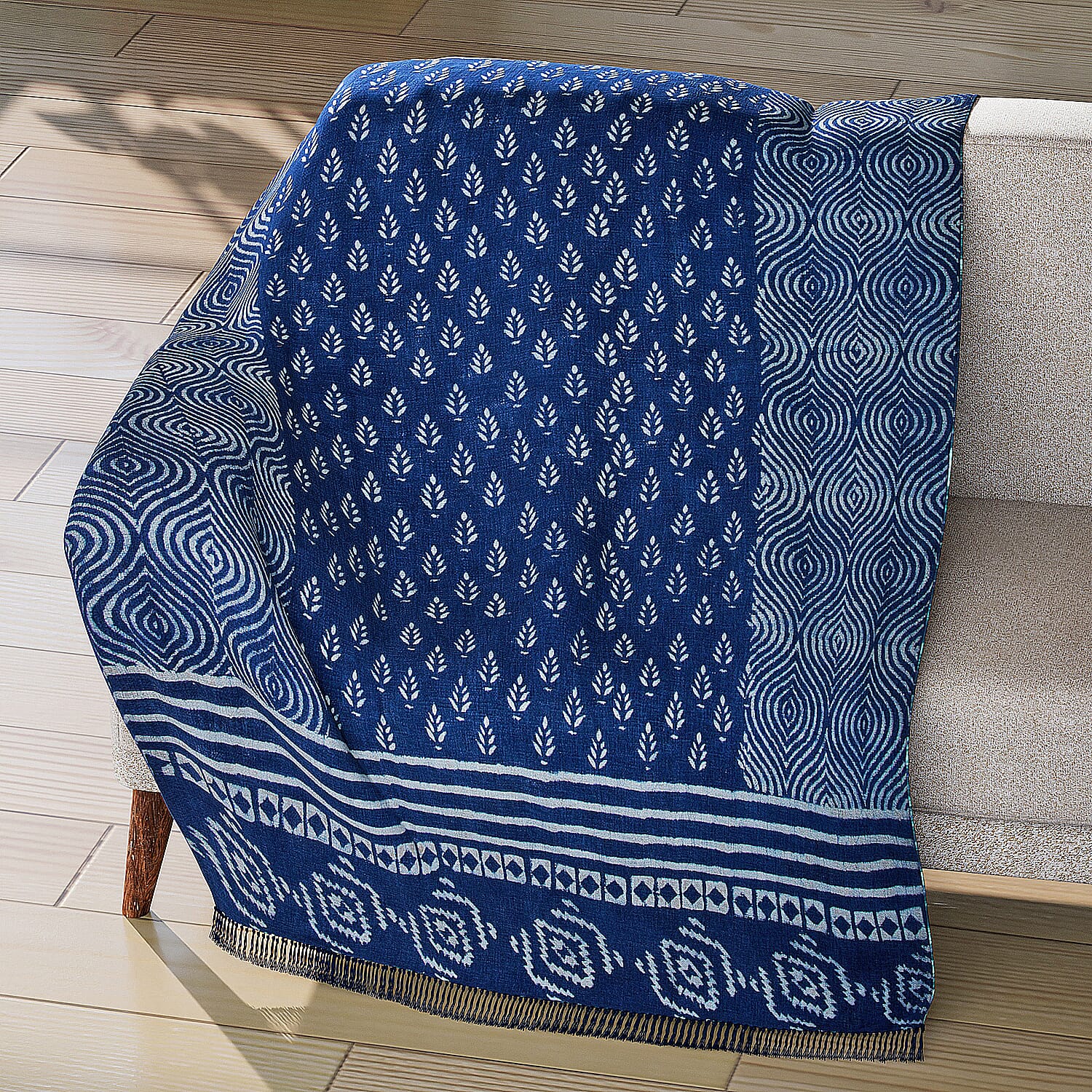 Luxury Edition - 100% Cotton Woven Hand Block Printed Throw with Tassels (Size 180x130 cm) - Blue and White