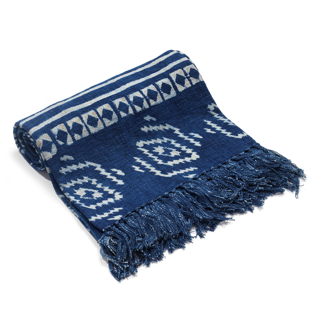 Luxury Edition - 100% Cotton Woven Hand Block Printed Throw with Tassels (Size 180x130 cm) - Blue and White