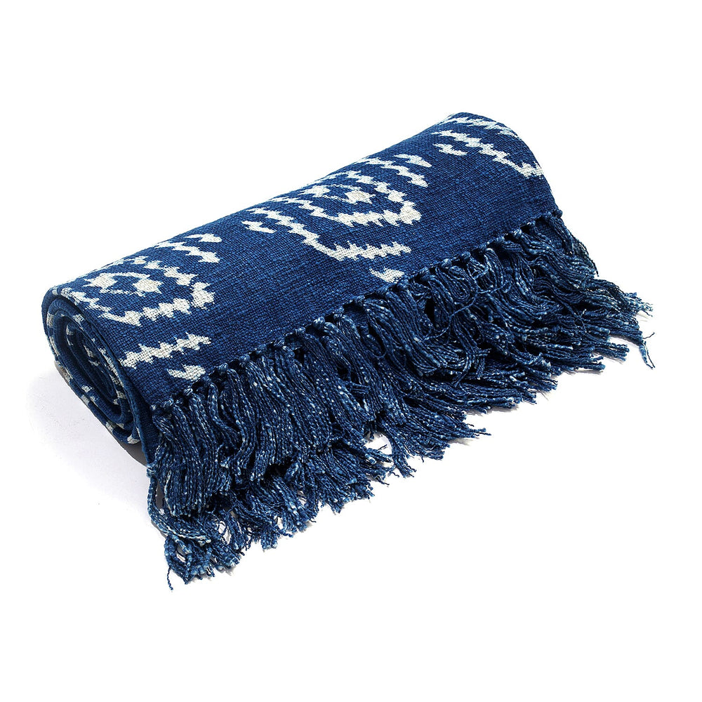 Luxury Edition - 100% Cotton Woven Hand Block Printed Throw with Tassels (Size 180x130 cm) - Blue and White