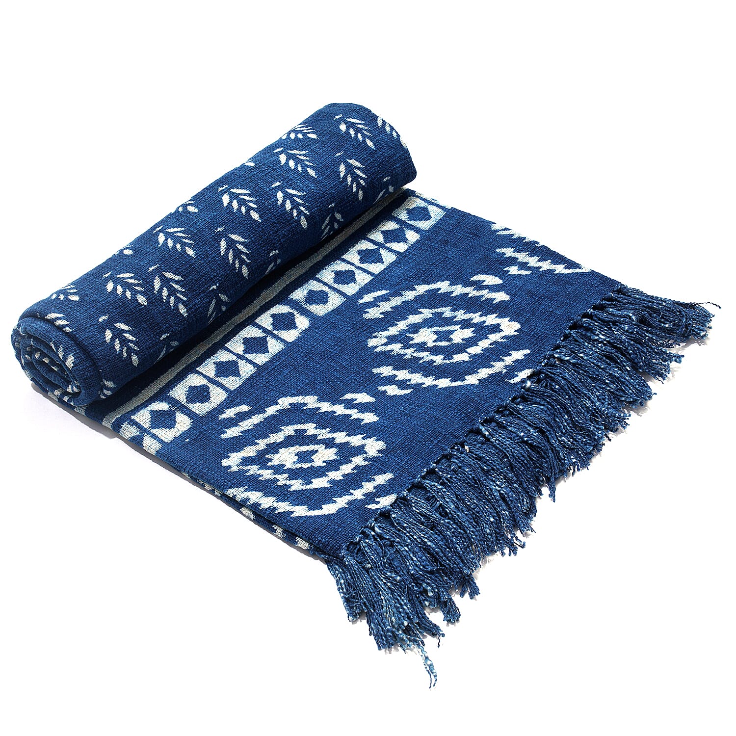 Luxury Edition - 100% Cotton Woven Hand Block Printed Throw with Tassels (Size 180x130 cm) - Blue and White