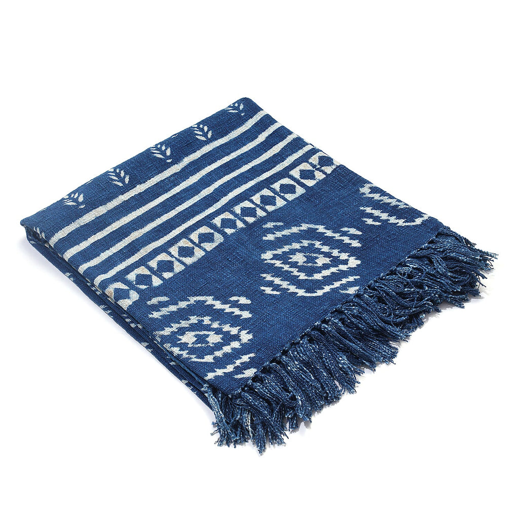 Luxury Edition - 100% Cotton Woven Hand Block Printed Throw with Tassels (Size 180x130 cm) - Blue and White