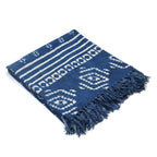 Luxury Edition - 100% Cotton Woven Hand Block Printed Throw with Tassels (Size 180x130 cm) - Blue and White
