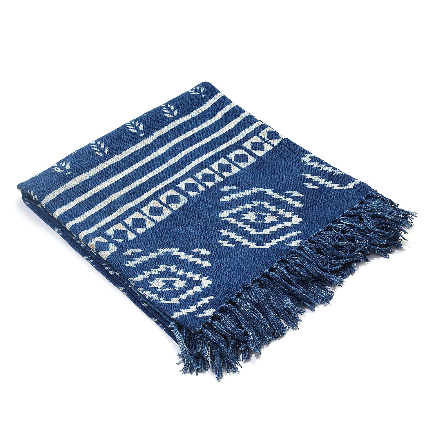 Luxury Edition - 100% Cotton Woven Hand Block Printed Throw with Tassels (Size 180x130 cm) - Blue and White