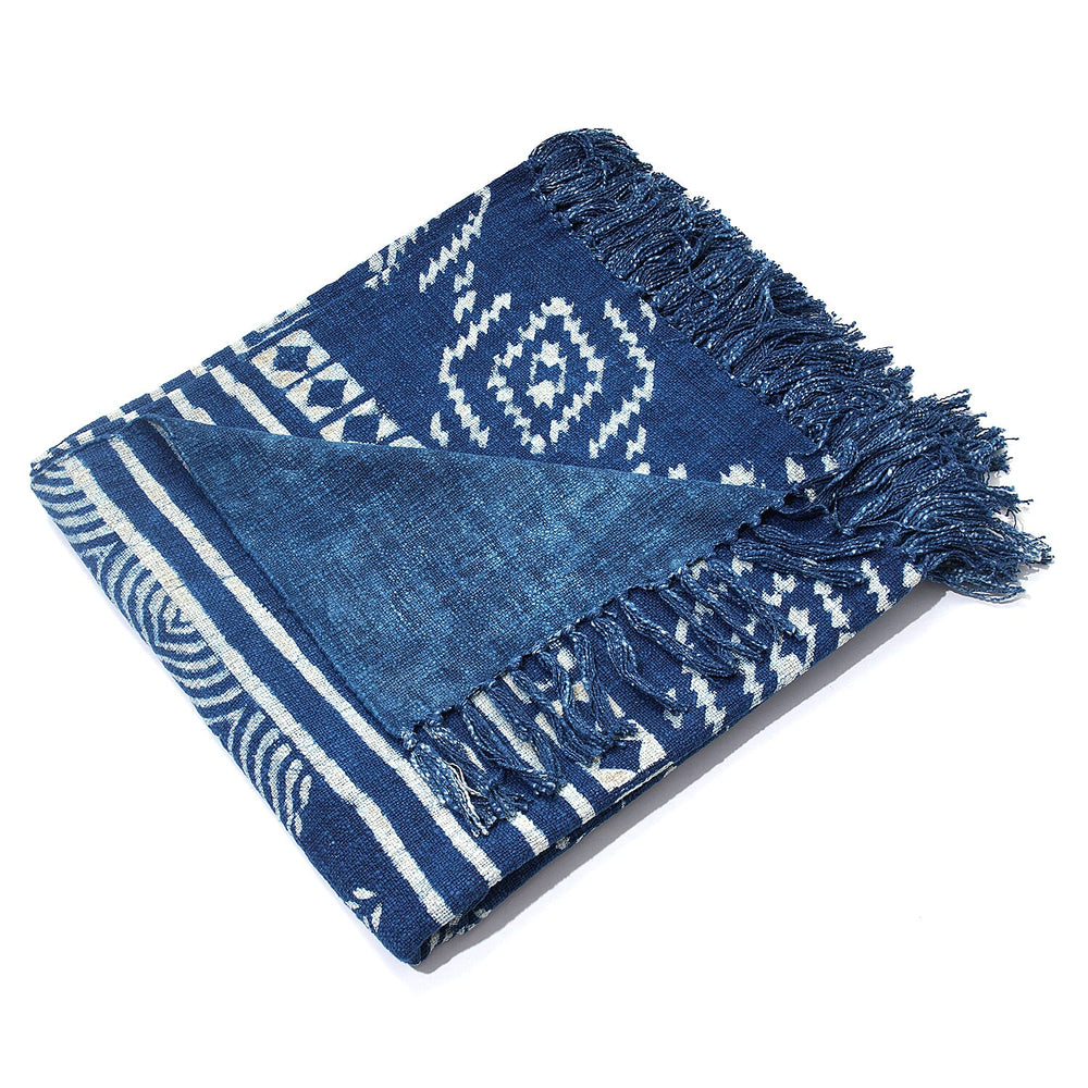 Luxury Edition - 100% Cotton Woven Hand Block Printed Throw with Tassels (Size 180x130 cm) - Blue and White