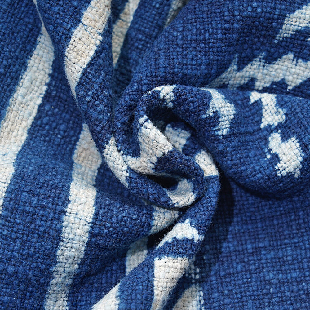 Luxury Edition - 100% Cotton Woven Hand Block Printed Throw with Tassels (Size 180x130 cm) - Blue and White
