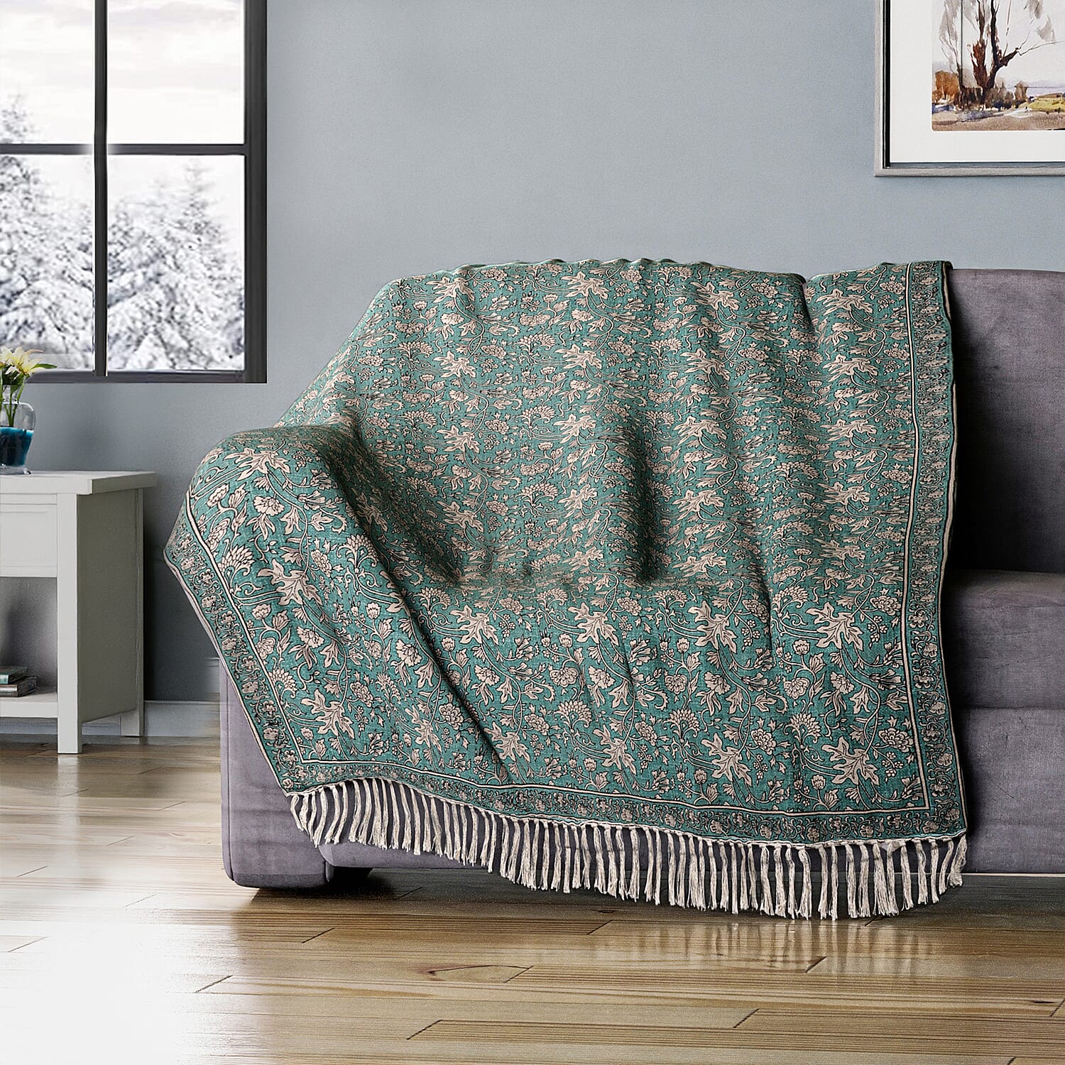 100% Cotton Woven Floral Printed Throw (Size 180x130 cm) - Green & White